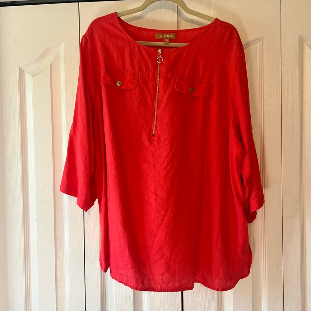Ellen Tracy Coral Women's Linen Tunic Top Zip Detail Tab Sleeve Size 2X